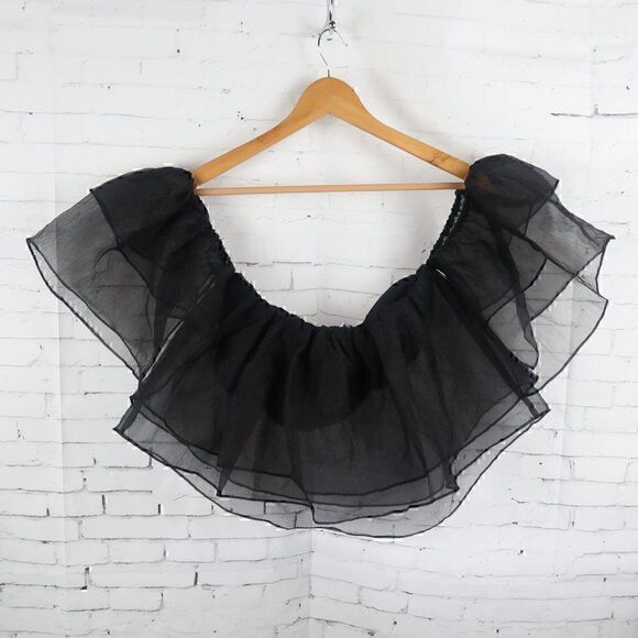 MIOU MUSE BLACK SHEER RUFFLE OFF THE SHOULDER CROPPED FESTIVAL TOP SIZE SMALL - Picture 1 of 6